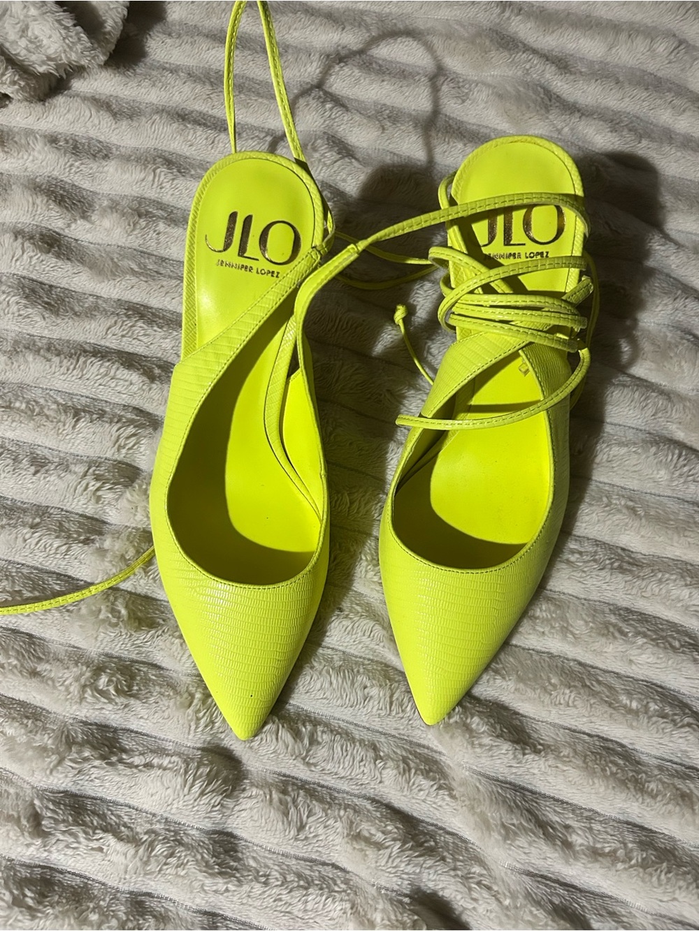 Jennifer Lopez Neon Yellow Pointed Lace-Up Heels